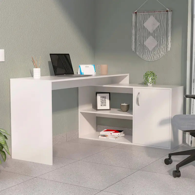 Bureau d'angle pour bureau à domicile, Deux étagères, Armoire à une porte