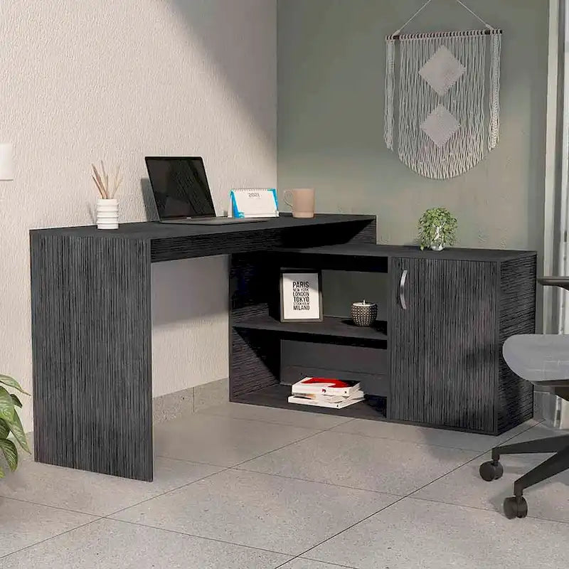 Bureau d'angle pour bureau à domicile, Deux étagères, Armoire à une porte
