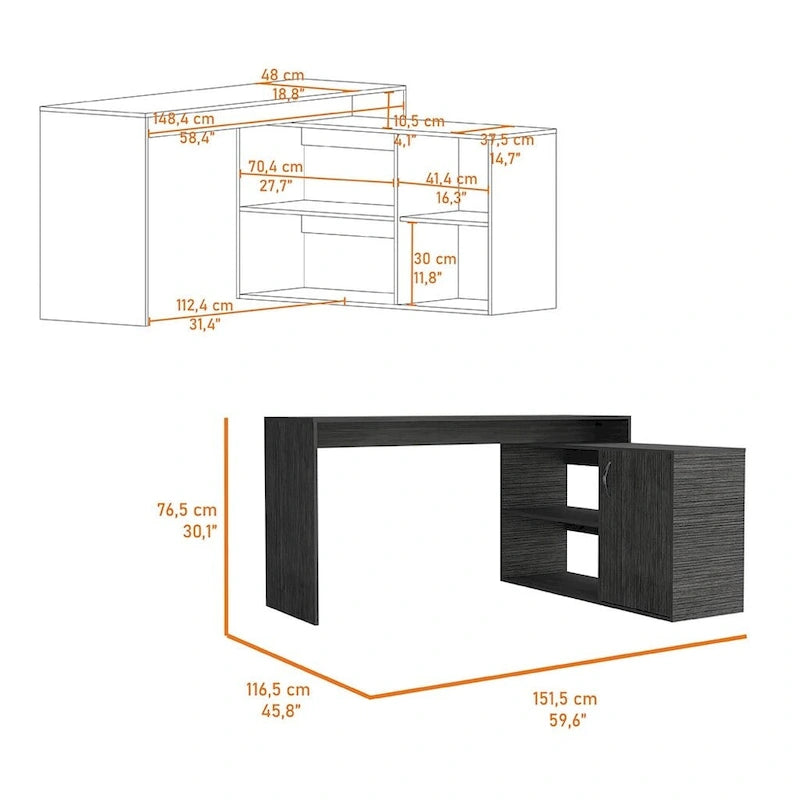 Bureau d'angle pour bureau à domicile, Deux étagères, Armoire à une porte