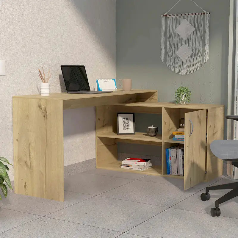 Bureau d'angle pour bureau à domicile, Deux étagères, Armoire à une porte