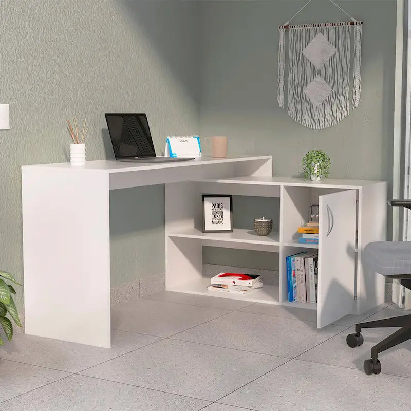 Bureau d'angle pour bureau à domicile, Deux étagères, Armoire à une porte