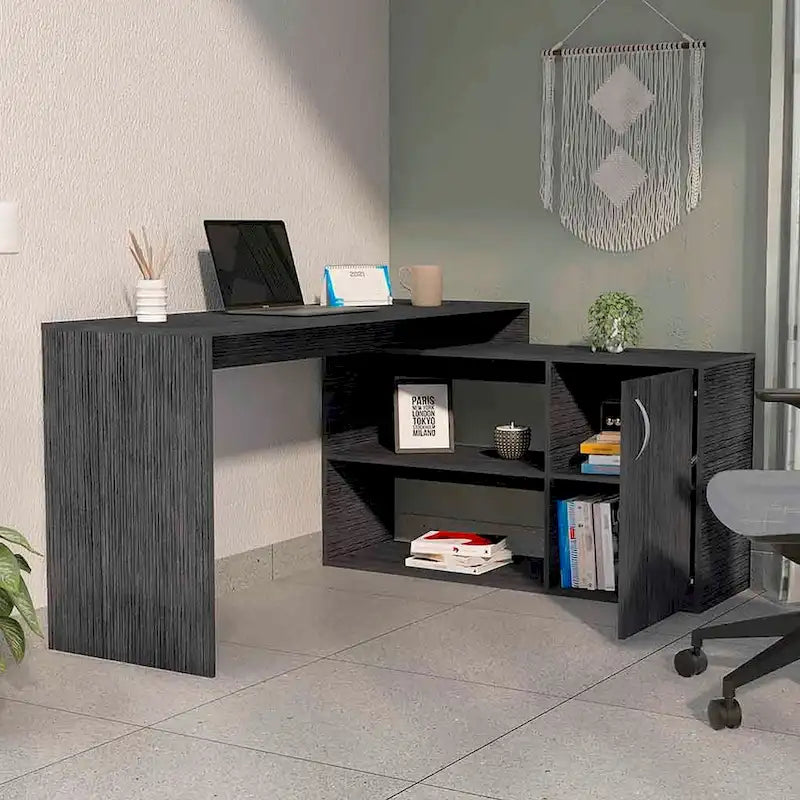 Bureau d'angle pour bureau à domicile, Deux étagères, Armoire à une porte