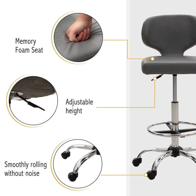 Tabouret roulant réglable pivotant en cuir synthétique pour chaise de bureau avec roulettes