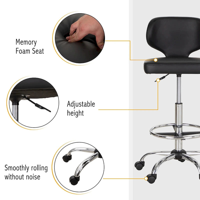 Tabouret roulant réglable pivotant en cuir synthétique pour chaise de bureau avec roulettes