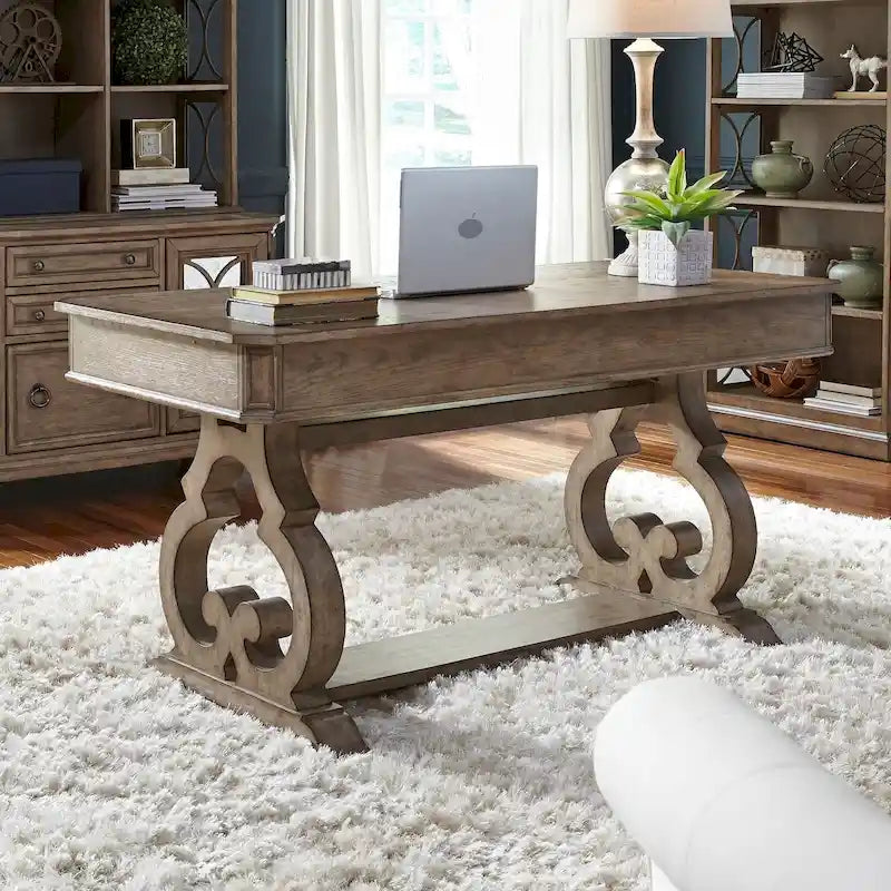 Bureau d'écriture élégant et simple blanc, marron et taupe chiné