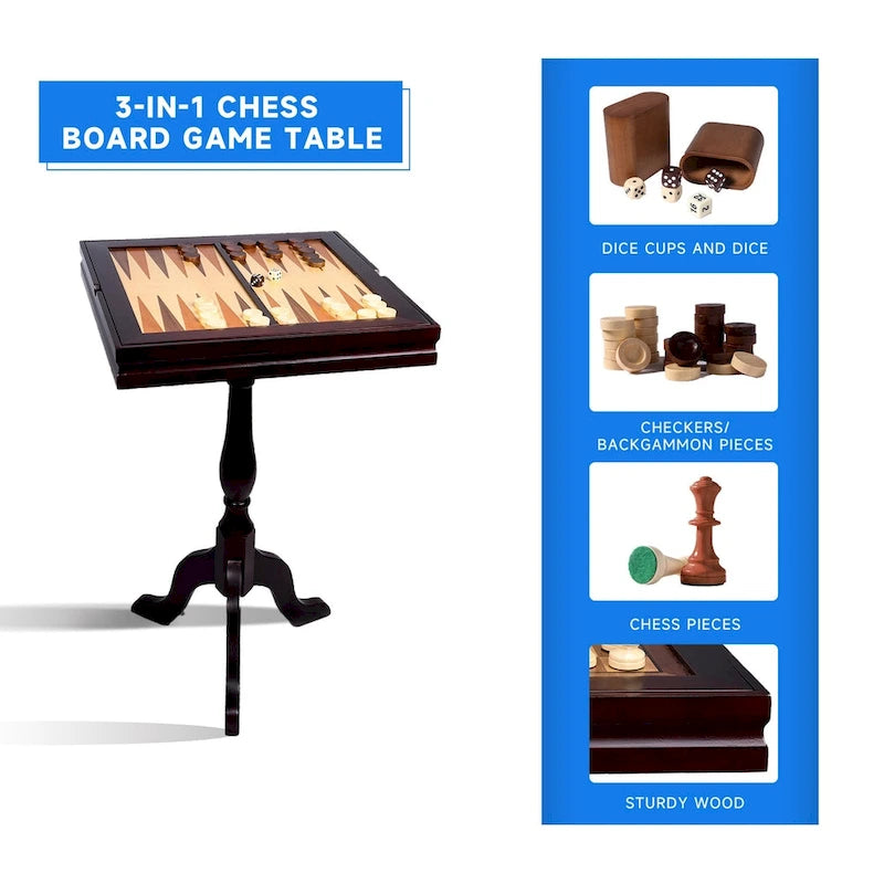 Table de jeu 3-en-1 en bois GSE : échecs, dames, backgammon - Ensemble de jeu combiné backgammon, échecs et dames