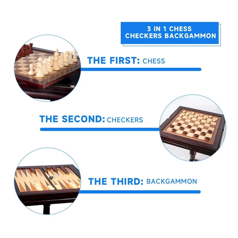 Table de jeu 3-en-1 en bois GSE : échecs, dames, backgammon - Ensemble de jeu combiné backgammon, échecs et dames