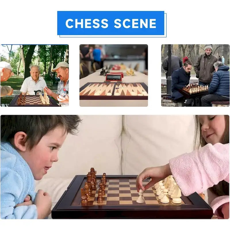 Table de jeu 3-en-1 en bois GSE : échecs, dames, backgammon - Ensemble de jeu combiné backgammon, échecs et dames