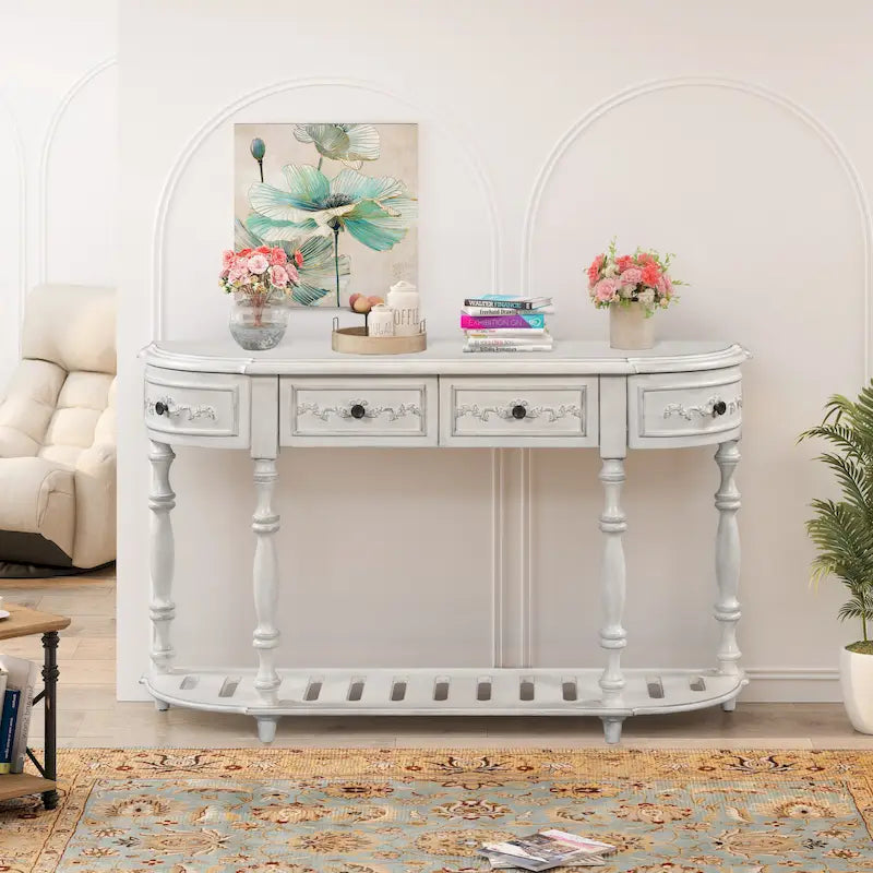 52 tables consoles courbes modernes et contemporaines pour canapé, table d'entrée pour couloir, salon avec 4 tiroirs et 1 étagère