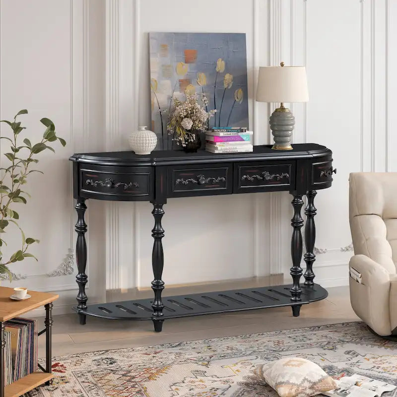 52 tables consoles courbes modernes et contemporaines pour canapé, table d'entrée pour couloir, salon avec 4 tiroirs et 1 étagère