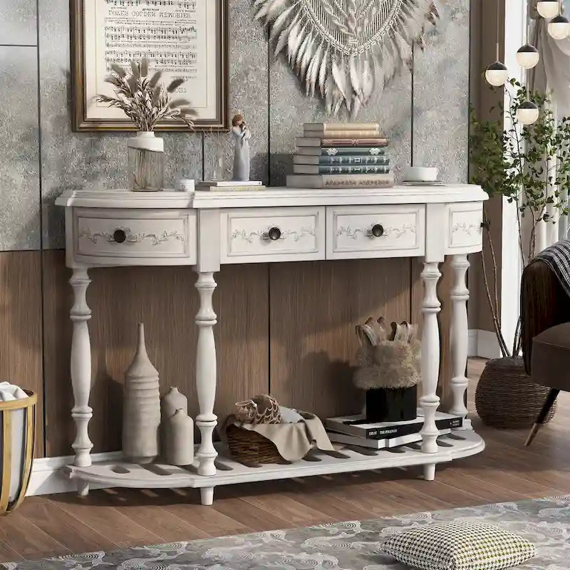 52 tables consoles courbes modernes et contemporaines pour canapé, table d'entrée pour couloir, salon avec 4 tiroirs et 1 étagère