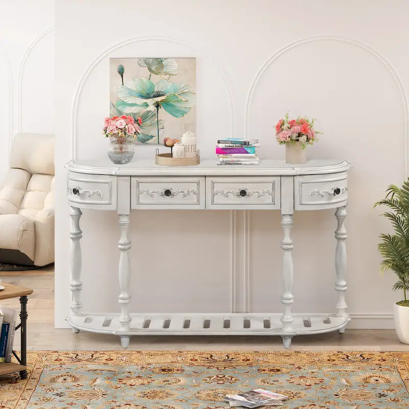52 tables consoles courbes modernes et contemporaines pour canapé, table d'entrée pour couloir, salon avec 4 tiroirs et 1 étagère
