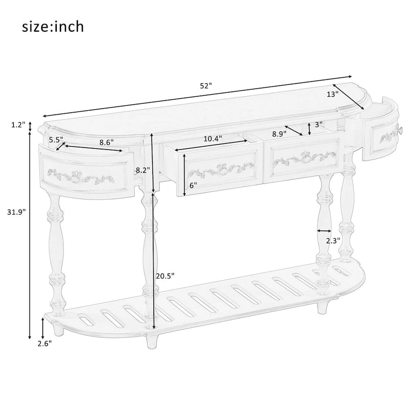 52 tables consoles courbes modernes et contemporaines pour canapé, table d'entrée pour couloir, salon avec 4 tiroirs et 1 étagère