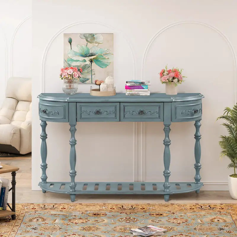 52 tables consoles courbes modernes et contemporaines pour canapé, table d'entrée pour couloir, salon avec 4 tiroirs et 1 étagère