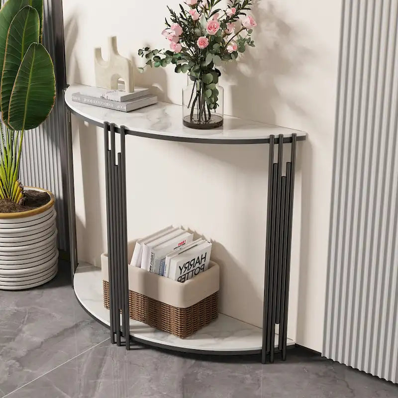 Console semi-circulaire de 101,6 cm avec plateau en pierre frittée pour entrée – 100,08 x 77,98 cm