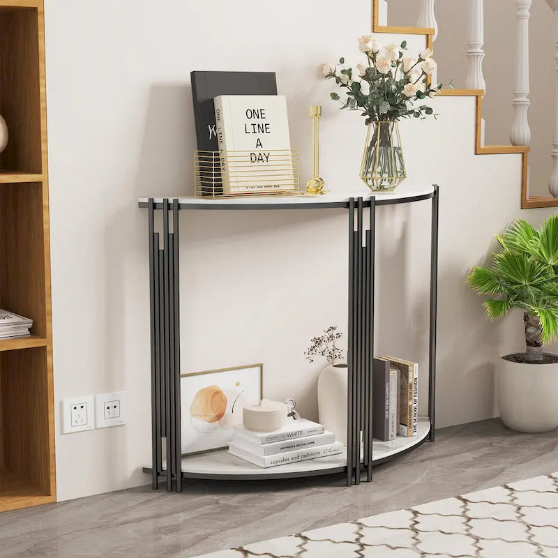 Console semi-circulaire de 101,6 cm avec plateau en pierre frittée pour entrée – 100,08 x 77,98 cm