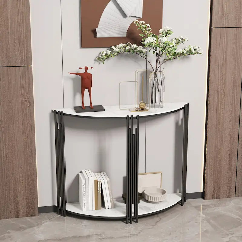 Console semi-circulaire de 101,6 cm avec plateau en pierre frittée pour entrée – 100,08 x 77,98 cm