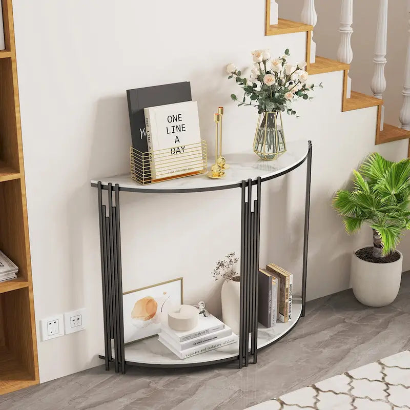 Console semi-circulaire de 101,6 cm avec plateau en pierre frittée pour entrée – 100,08 x 77,98 cm