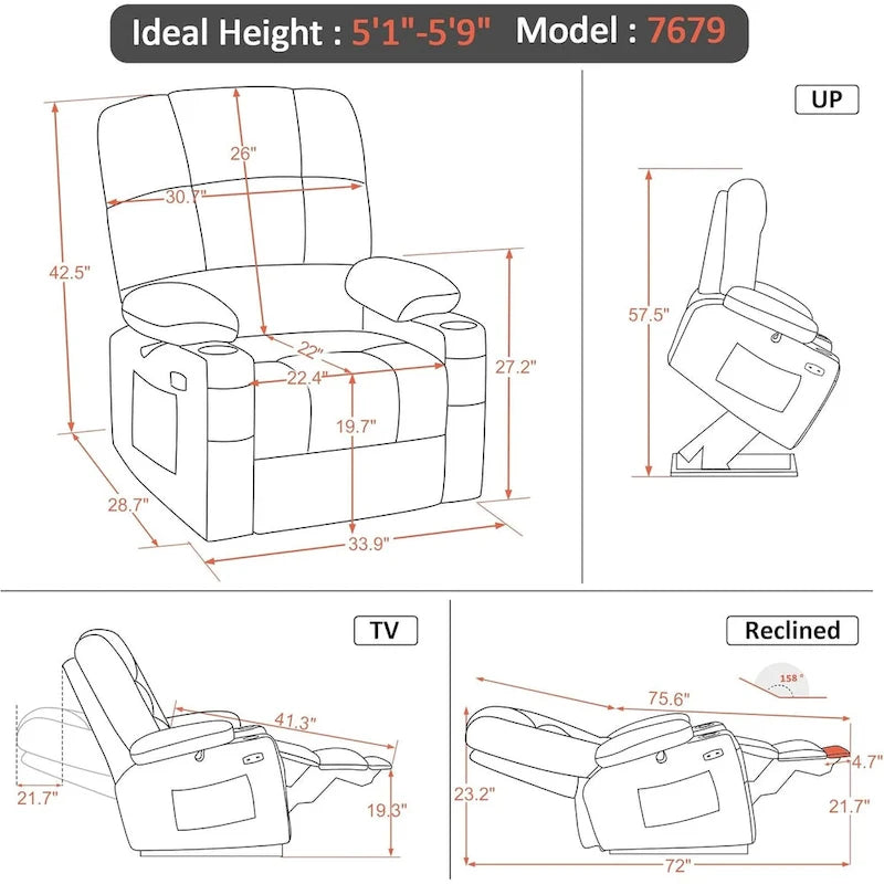 Fauteuil inclinable électrique double moteur avec massage et chaleur pour personnes âgées, en similicuir 7679