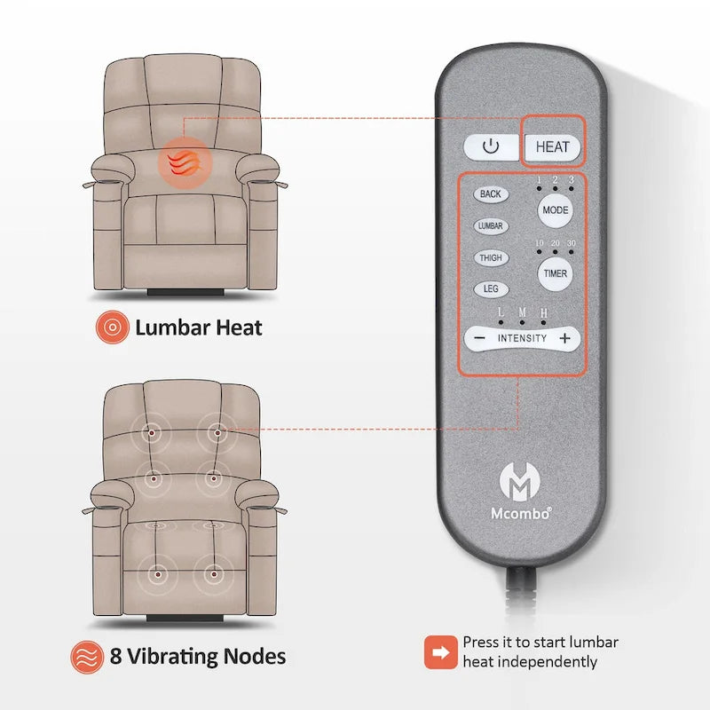 Fauteuil inclinable électrique double moteur avec massage et chaleur pour personnes âgées, en similicuir 7679