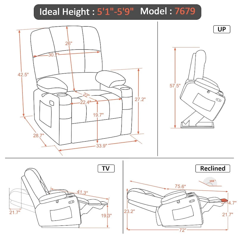 Fauteuil inclinable électrique double moteur avec massage et chaleur pour personnes âgées, en similicuir 7679