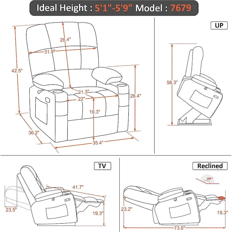 Fauteuil inclinable électrique double moteur avec massage et chaleur pour personnes âgées, en similicuir 7679