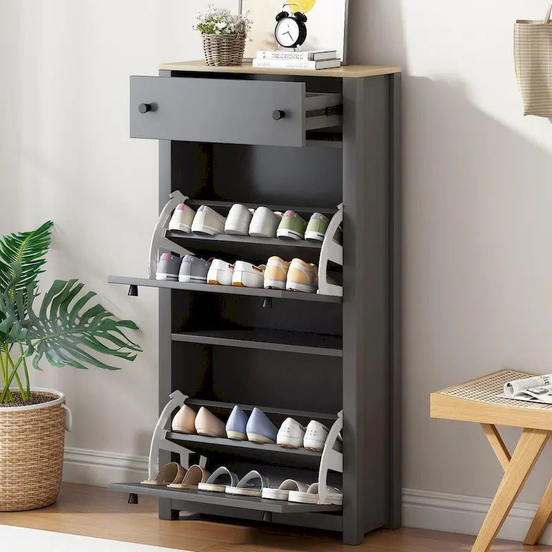 Meuble d'entrée avec 2 tiroirs, meuble à chaussures avec tiroir à motif grain de bois sur le dessus, étagère à chaussures autoportante avec panneau réglable