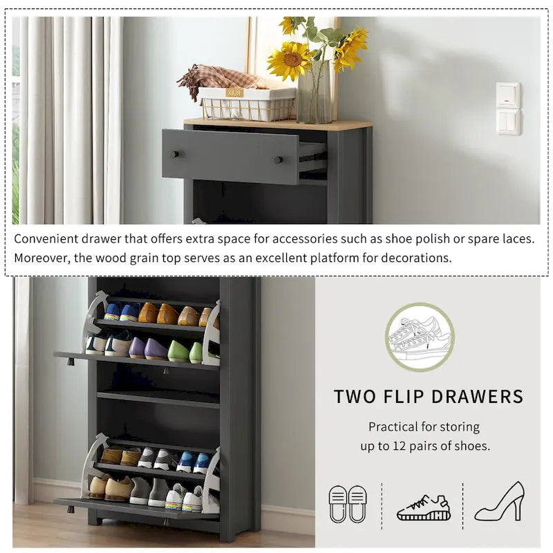 Meuble d'entrée avec 2 tiroirs, meuble à chaussures avec tiroir à motif grain de bois sur le dessus, étagère à chaussures autoportante avec panneau réglable