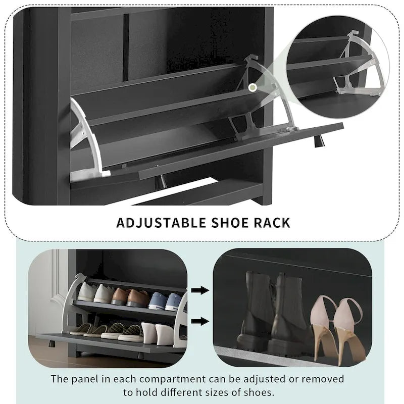 Meuble d'entrée avec 2 tiroirs, meuble à chaussures avec tiroir à motif grain de bois sur le dessus, étagère à chaussures autoportante avec panneau réglable