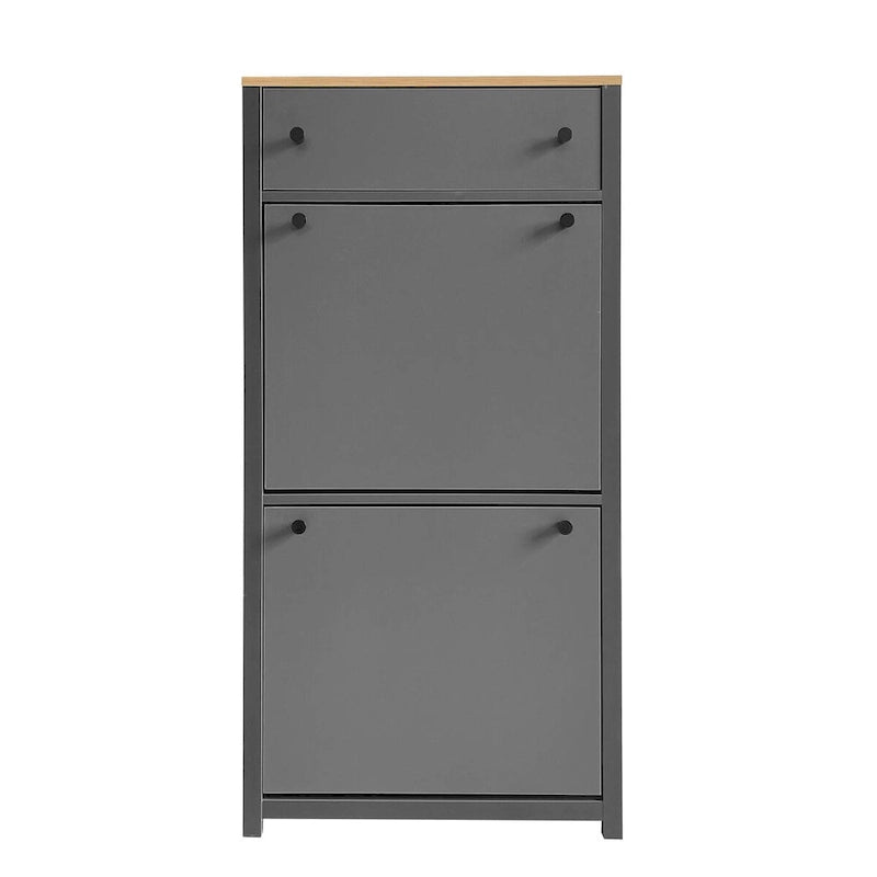 Meuble d'entrée avec 2 tiroirs, meuble à chaussures avec tiroir à motif grain de bois sur le dessus, étagère à chaussures autoportante avec panneau réglable