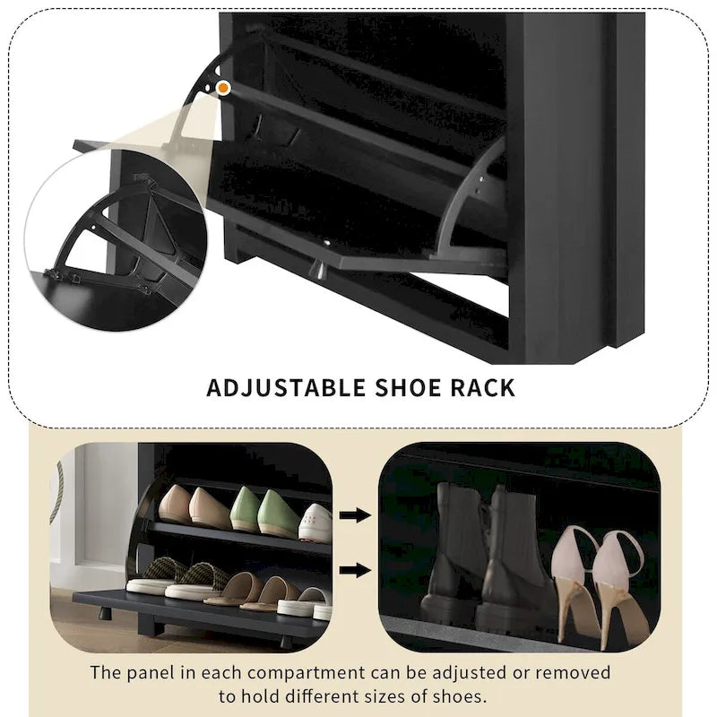 Meuble d'entrée avec 2 tiroirs, meuble à chaussures avec tiroir à motif grain de bois sur le dessus, étagère à chaussures autoportante avec panneau réglable