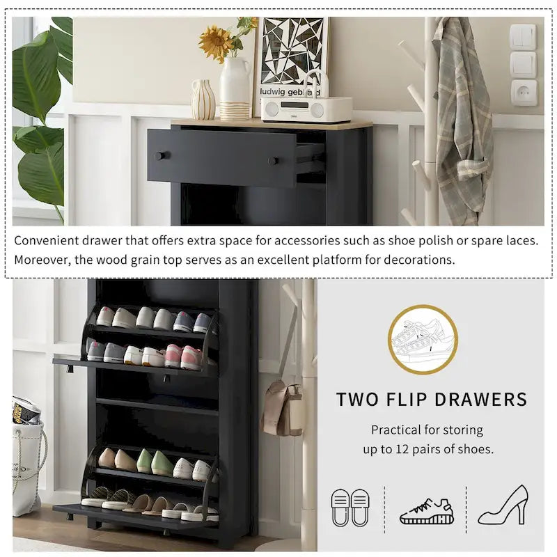 Meuble d'entrée avec 2 tiroirs, meuble à chaussures avec tiroir à motif grain de bois sur le dessus, étagère à chaussures autoportante avec panneau réglable