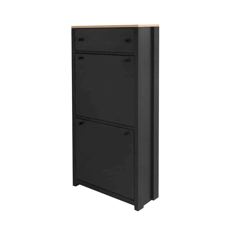 Meuble d'entrée avec 2 tiroirs, meuble à chaussures avec tiroir à motif grain de bois sur le dessus, étagère à chaussures autoportante avec panneau réglable