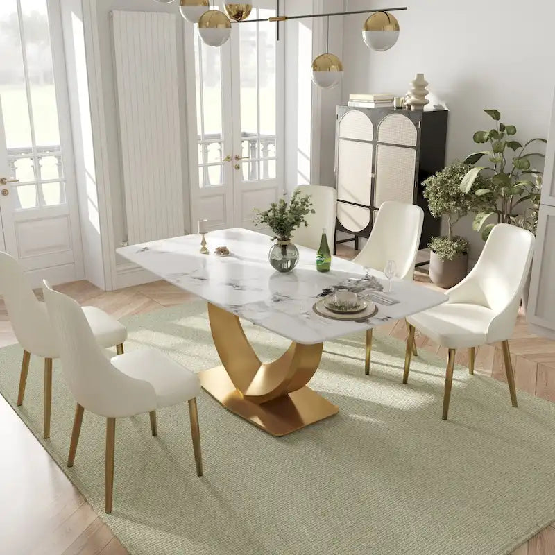 Table à manger rectangulaire moderne en marbre pour 6 à 8 personnes, table de cuisine en marbre avec base en métal finition dorée