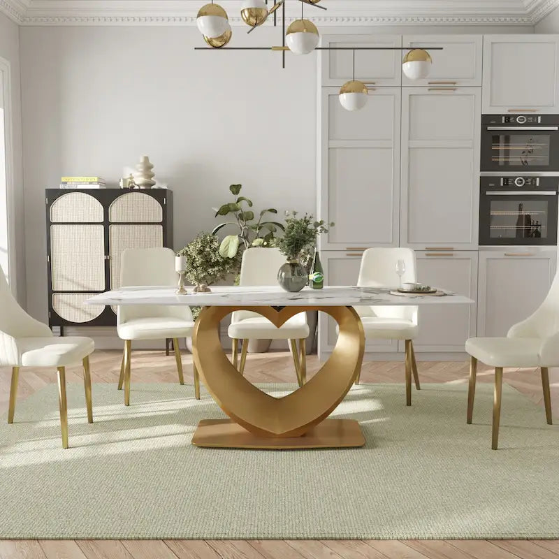 Table à manger rectangulaire moderne en marbre pour 6 à 8 personnes, table de cuisine en marbre avec base en métal finition dorée