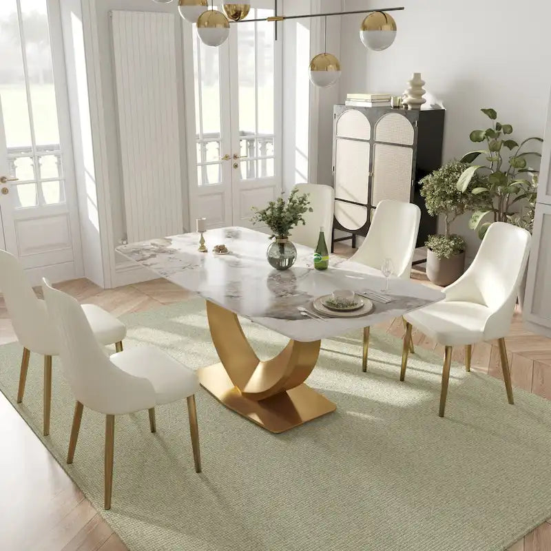 Table à manger rectangulaire moderne en marbre pour 6 à 8 personnes, table de cuisine en marbre avec base en métal finition dorée