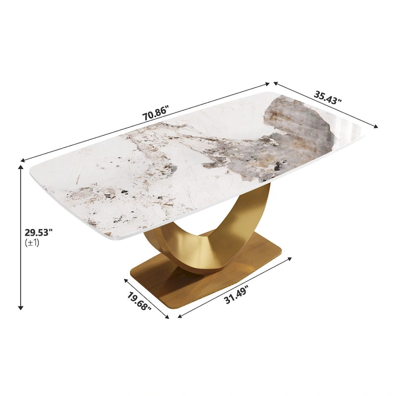 Table à manger rectangulaire moderne en marbre pour 6 à 8 personnes, table de cuisine en marbre avec base en métal finition dorée