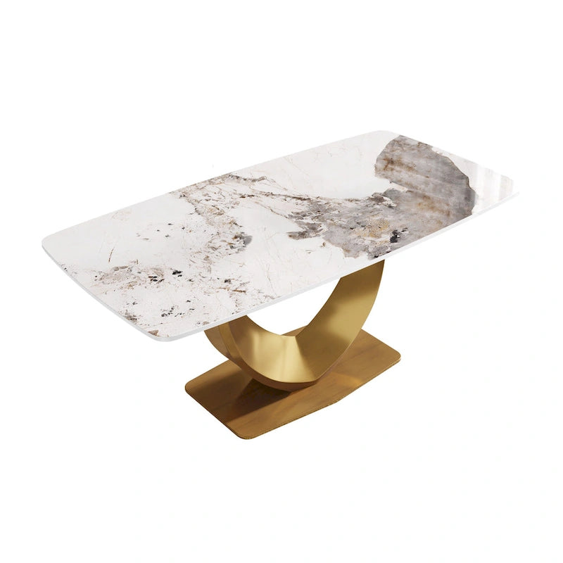 Table à manger rectangulaire moderne en marbre pour 6 à 8 personnes, table de cuisine en marbre avec base en métal finition dorée