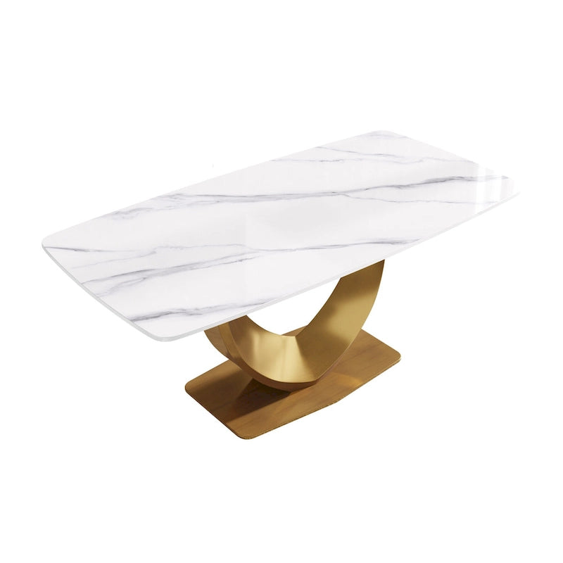 Table à manger rectangulaire moderne en marbre pour 6 à 8 personnes, table de cuisine en marbre avec base en métal finition dorée