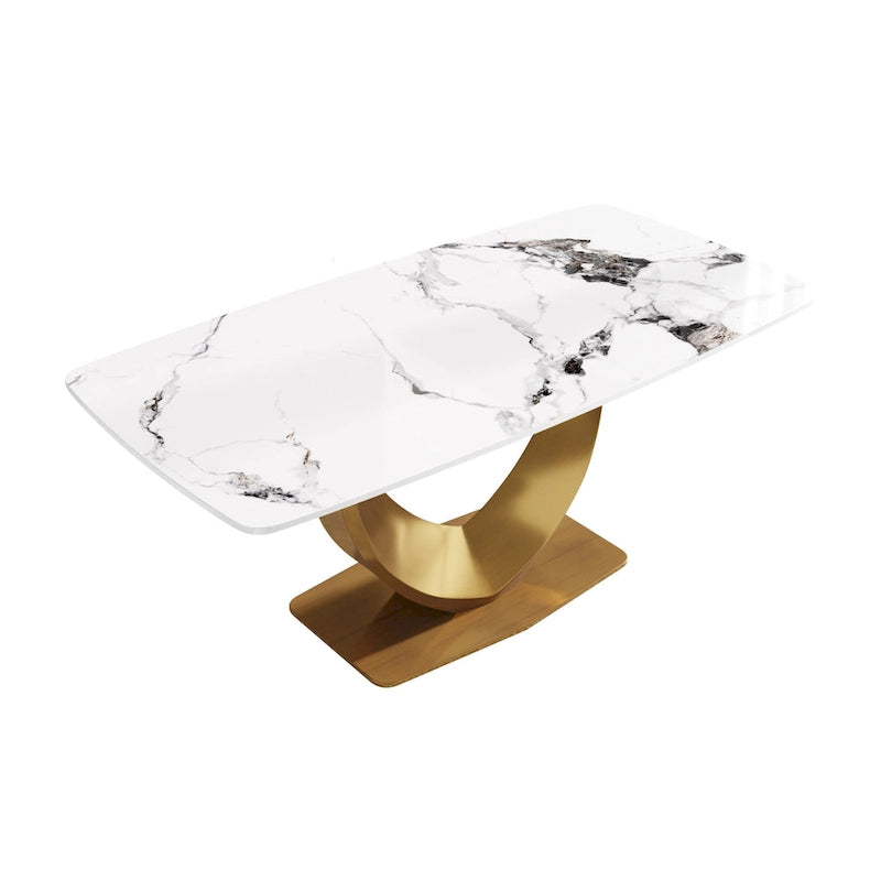Table à manger rectangulaire moderne en marbre pour 6 à 8 personnes, table de cuisine en marbre avec base en métal finition dorée