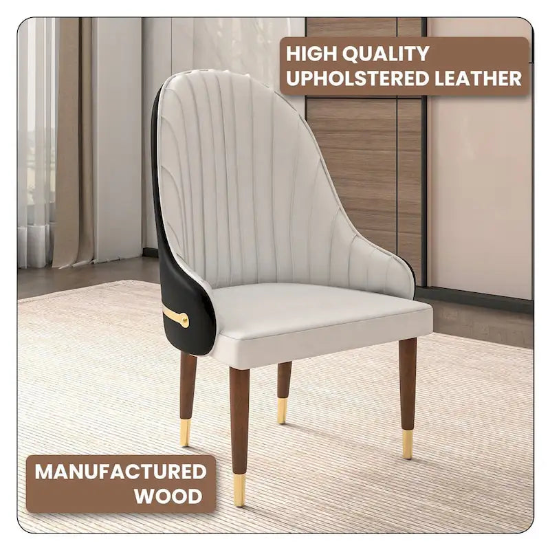 Chaise de salle à manger en cuir avec dossier ondulé et accents dorés Collection Elara