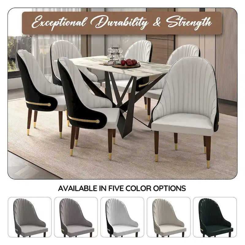 Chaise de salle à manger en cuir avec dossier ondulé et accents dorés Collection Elara
