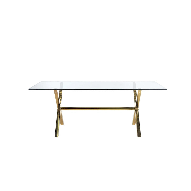 Table à manger de 79 pouces, plateau rectangulaire en verre trempé, or, transparent