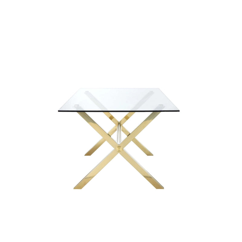 Table à manger de 79 pouces, plateau rectangulaire en verre trempé, or, transparent