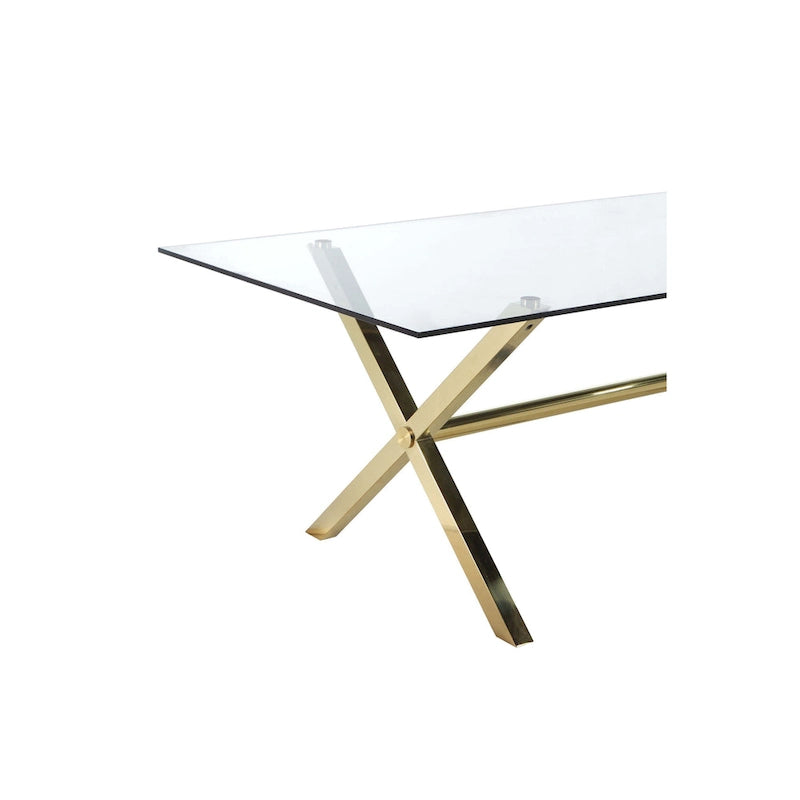 Table à manger de 79 pouces, plateau rectangulaire en verre trempé, or, transparent