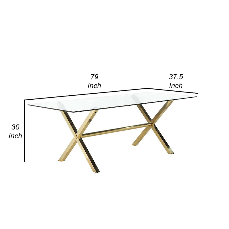 Table à manger de 79 pouces, plateau rectangulaire en verre trempé, or, transparent