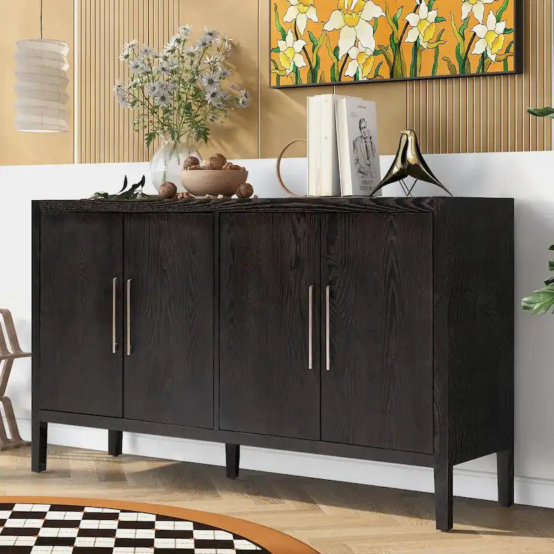 Buffet moderne à 4 portes avec pieds en bois massif, 60 po
