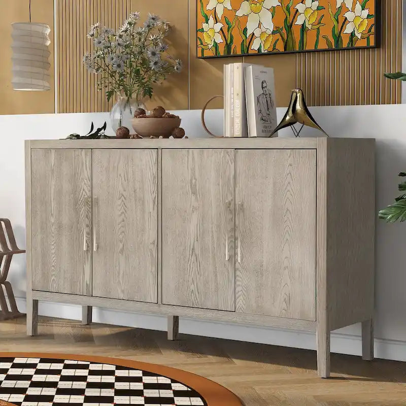 Buffet moderne à 4 portes avec pieds en bois massif, 60 po