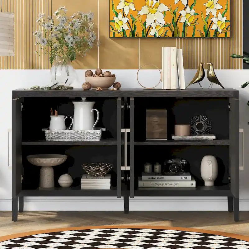 Buffet moderne à 4 portes avec pieds en bois massif, 60 po