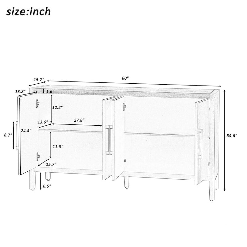 Buffet moderne à 4 portes avec pieds en bois massif, 60 po